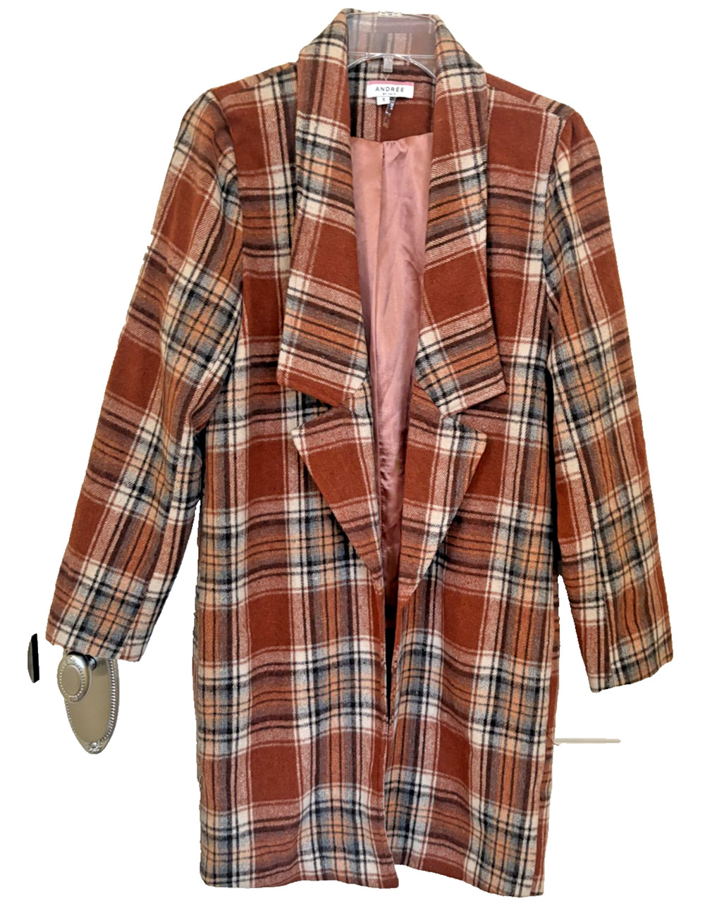 Andree By Unit Women Plaid Open Front Overcoat Small Brown Fall Academia Office